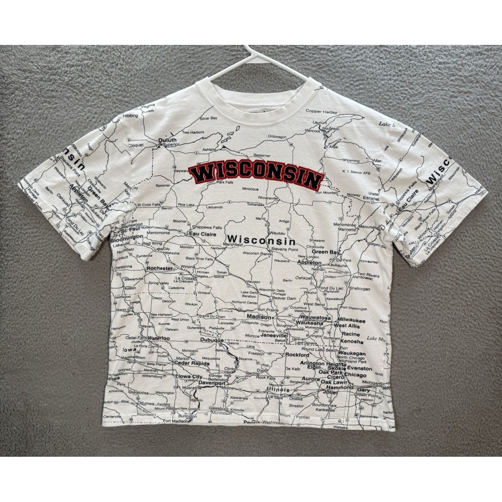 American Crown Shirt Adult 2XL XXL White Wisconsin Road Map All Over Print AOP